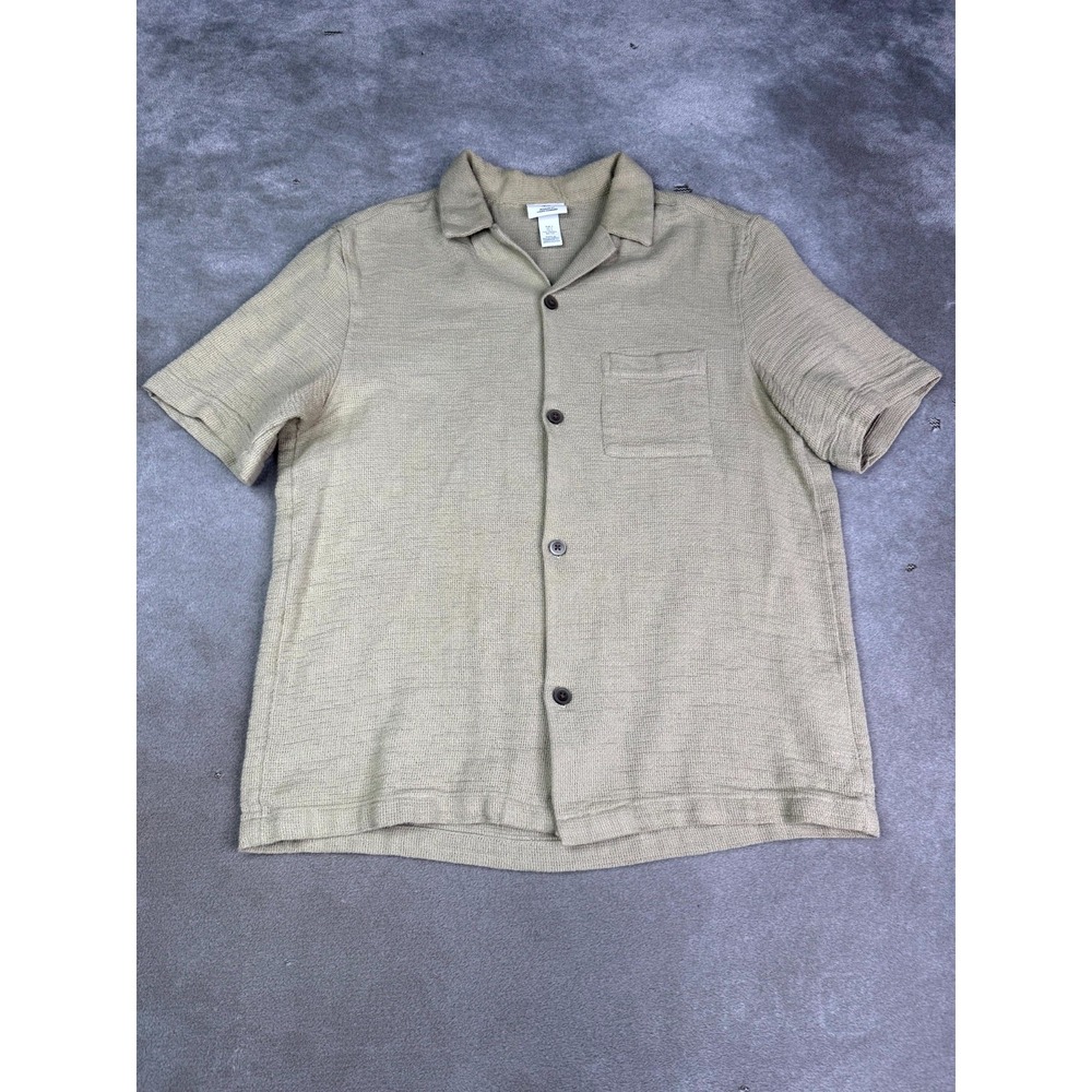 H&M Shirt Mens Small Beige Textured Knit Cotton Regular Fit Camp Collar Summer